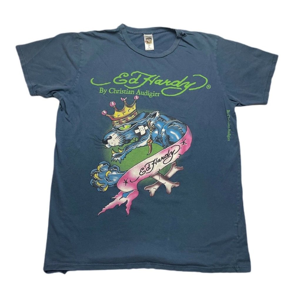 Vintage Y2K Ed Hardy T Shirt All Over Print Blue Green Size L